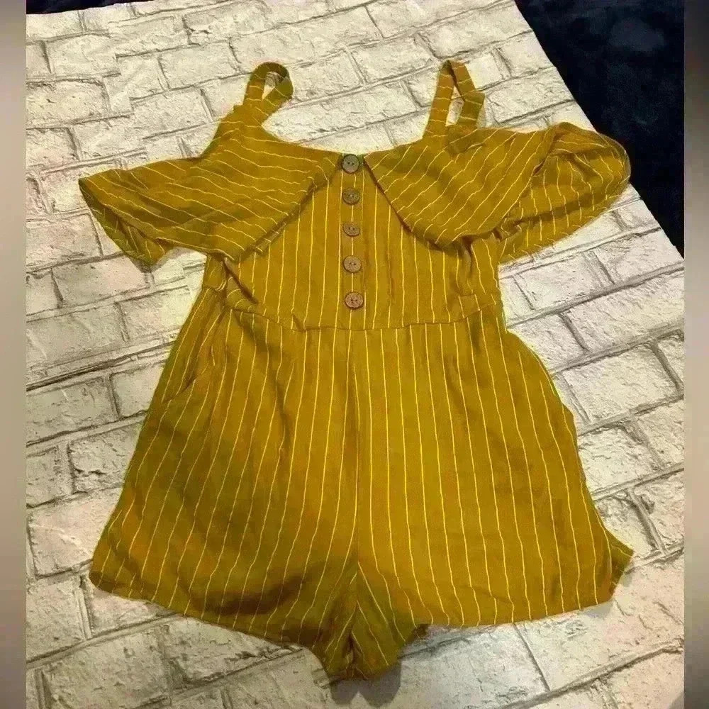 Women’s The Impeccable Pig Mustard Yellow Striped Romper Size Medium